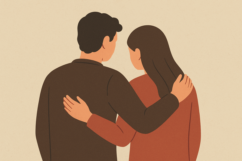 Illustration zweier Menschen von hinten, die sich gegenseitig umarmen.